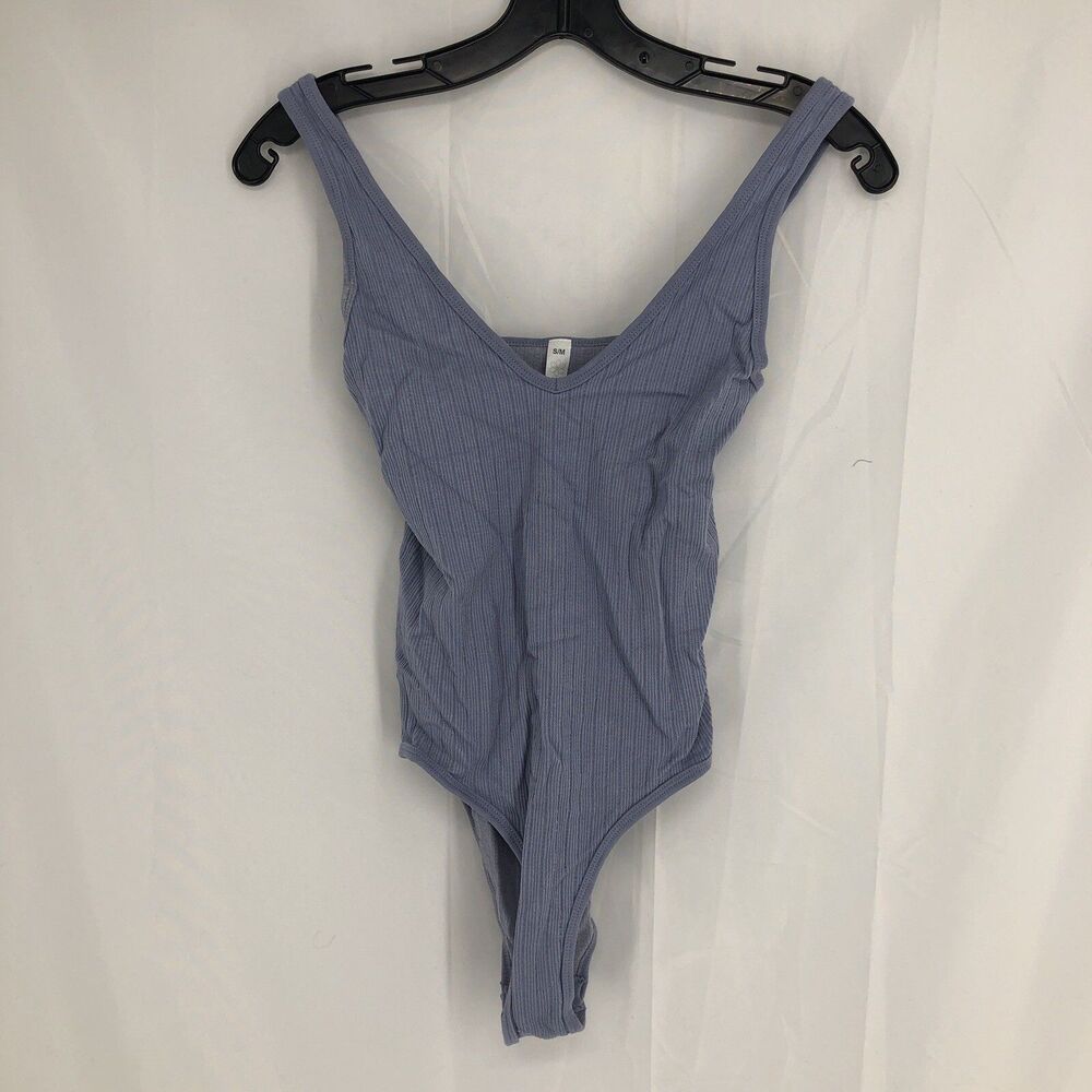 Aura Blue Ribbed Sleeveless Tank Top Body Suit Snaps S/M